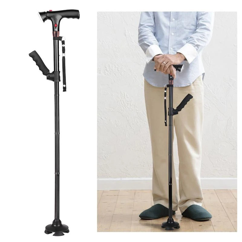 Folding walking cane with LED light - full view and in use